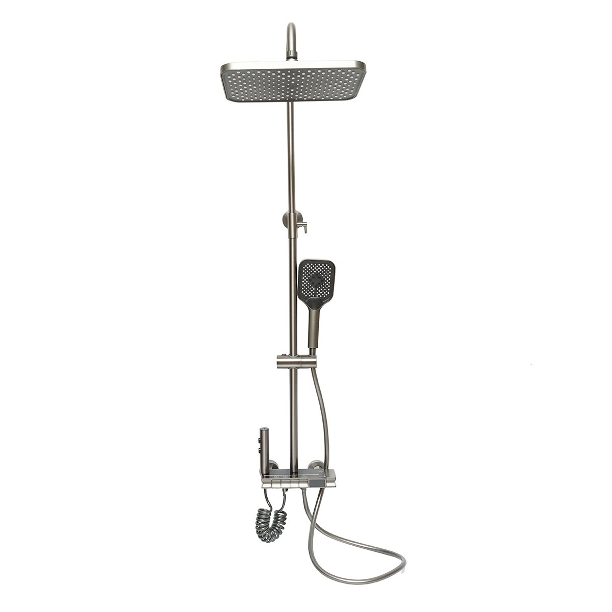 Set dus multifunctional cu termostat, afisaj digital temperatura apa, 4 functii de curgere a apei, pipa cada, dus dreptunghiular, dus de mana, dus bideu, gri
